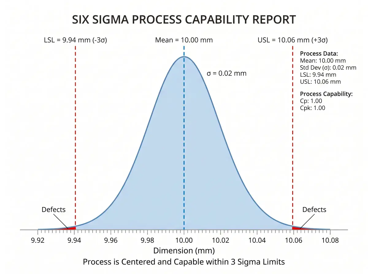 Normal distribution for manufacturing process with Six Sigma specification limits