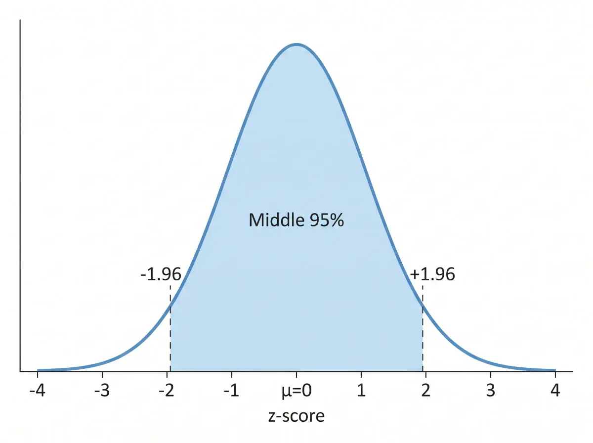 Standard normal distribution curve with mean 0 and 95% confidence region shaded