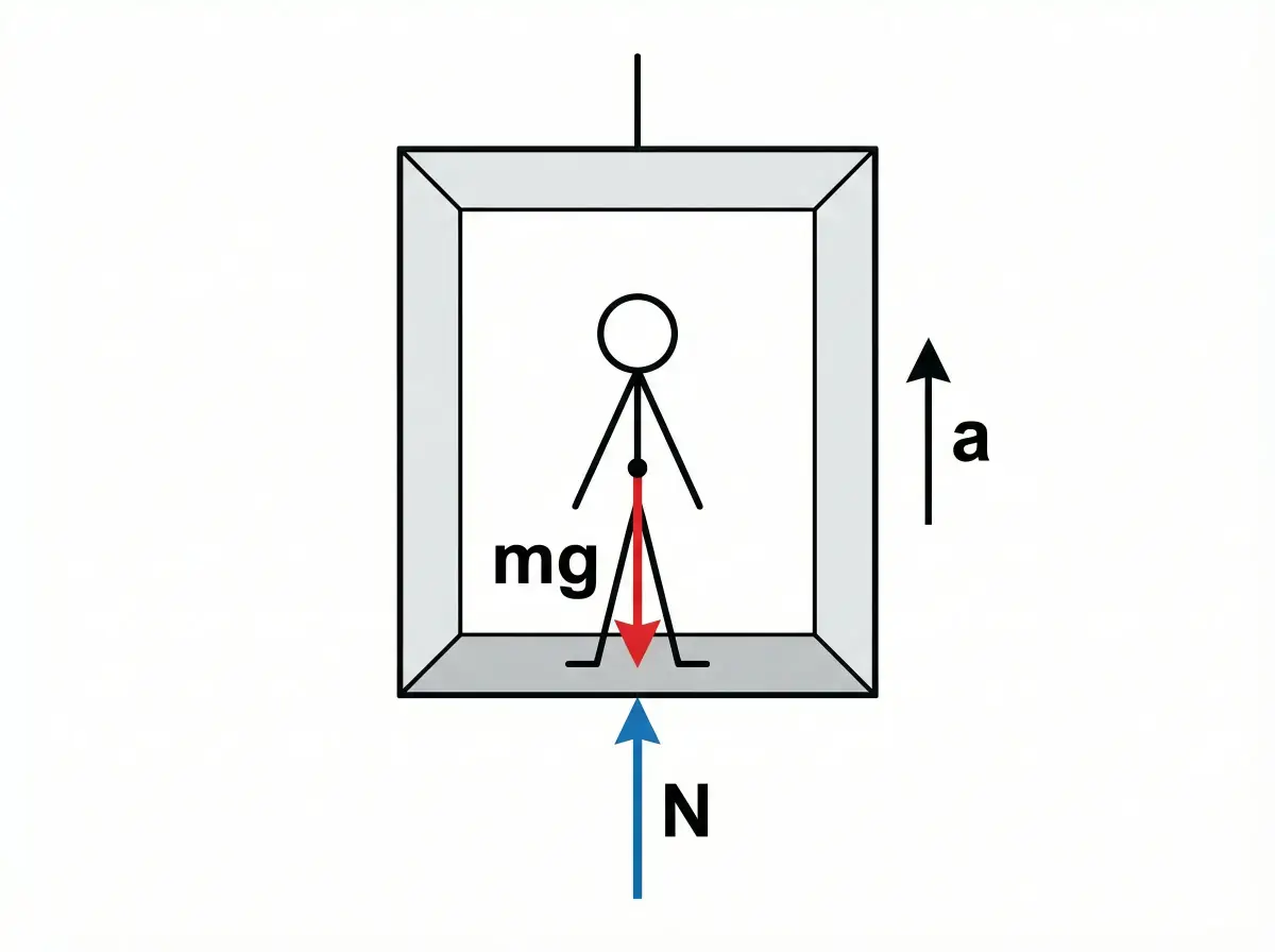 Free body diagram of person in accelerating elevator