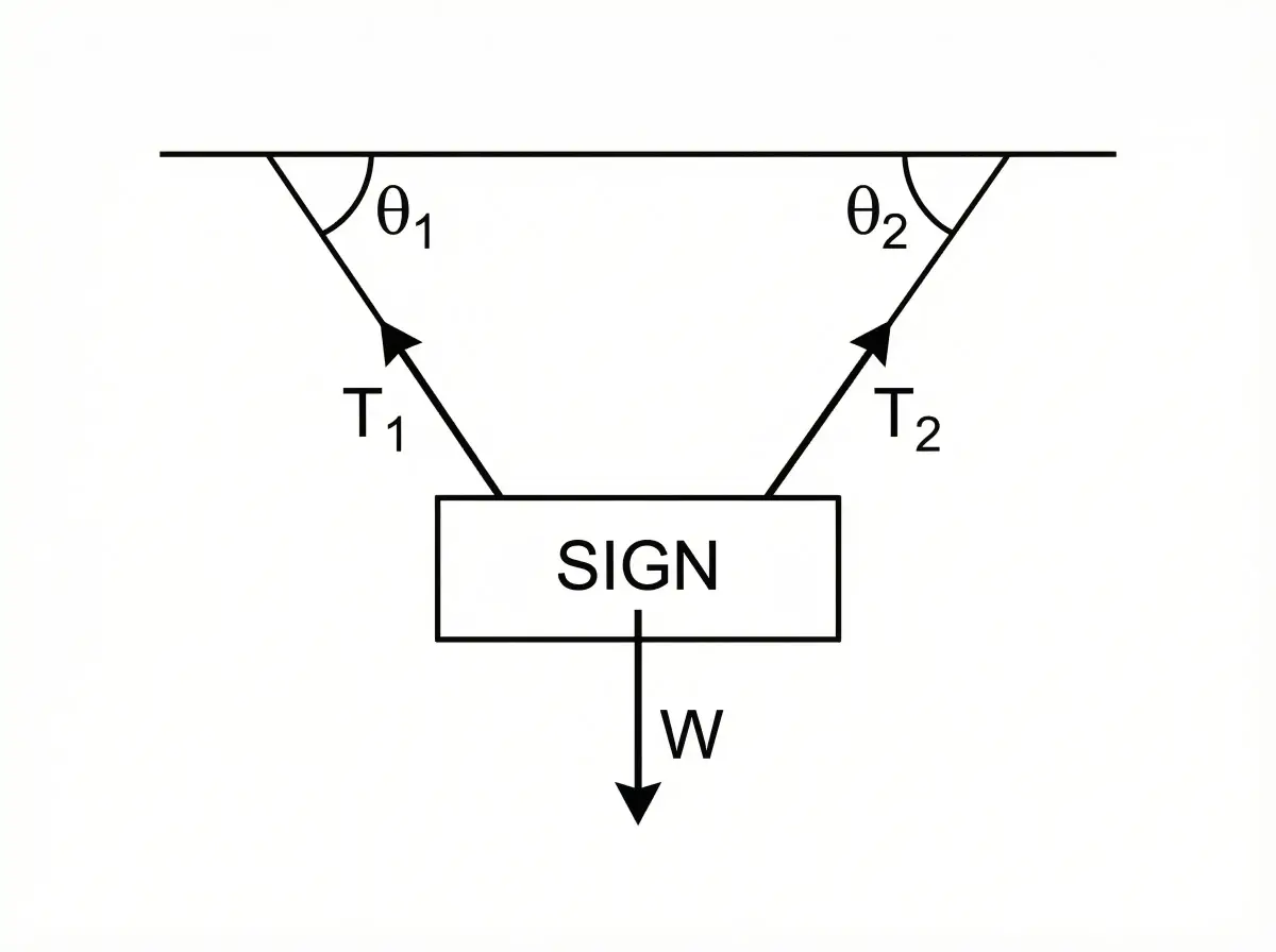 Free body diagram of sign hanging from two cables