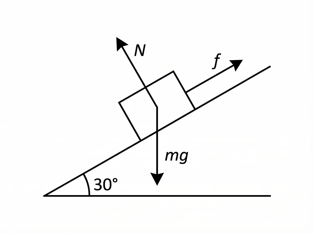 Free body diagram of block on 30° inclined plane