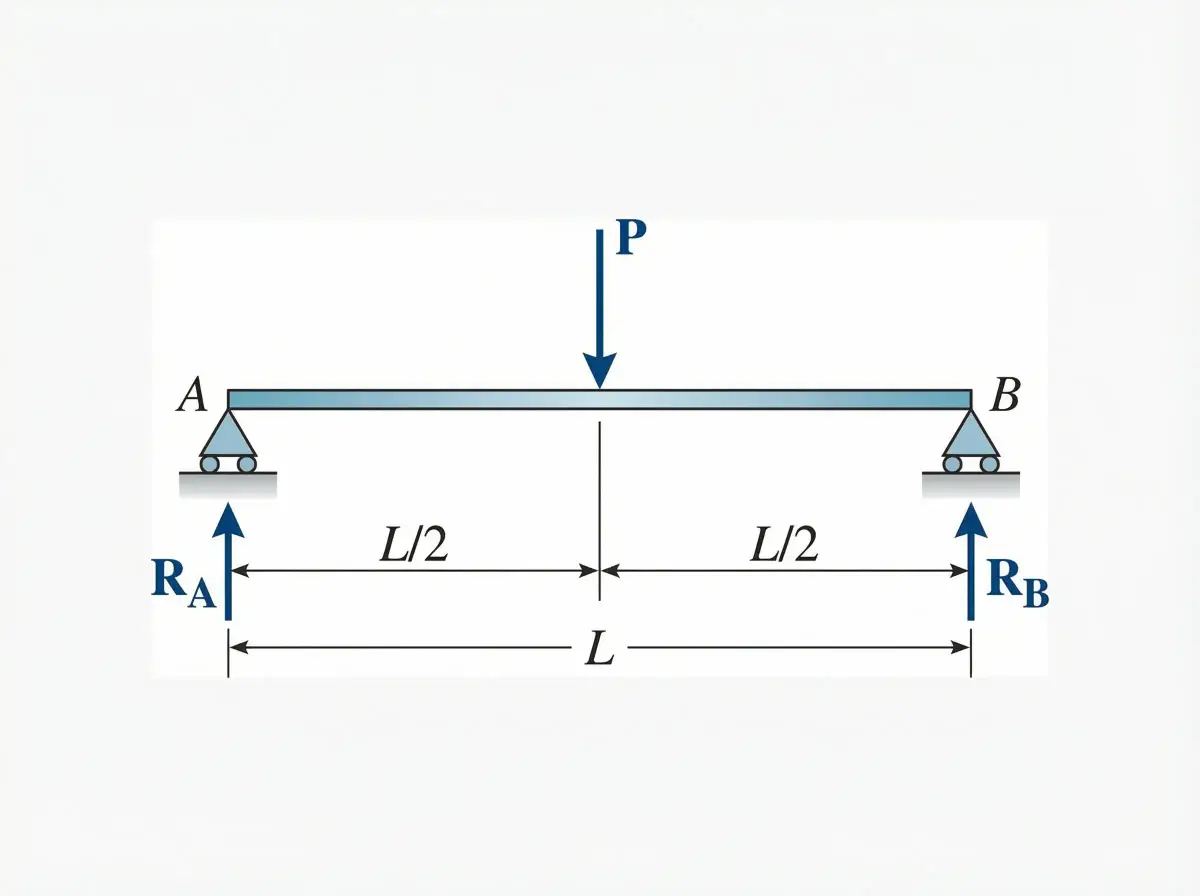 Free body diagram of simply supported beam with point load