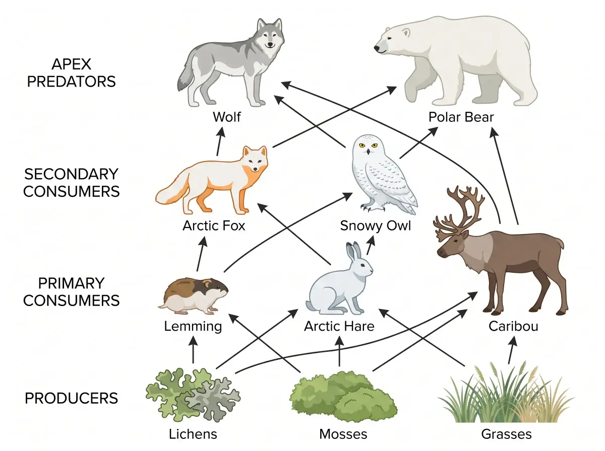 Arctic tundra food web with lichens, caribou, foxes and polar bears