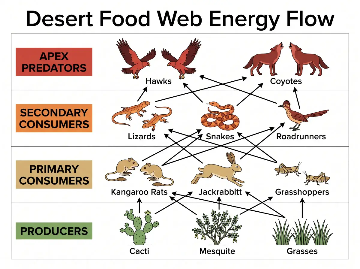 Desert food web with cacti, kangaroo rats, snakes, hawks and coyotes
