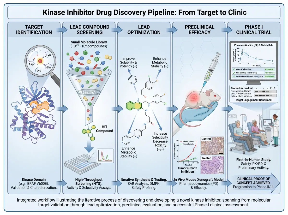 Drug discovery pipeline graphical abstract for a kinase inhibitor