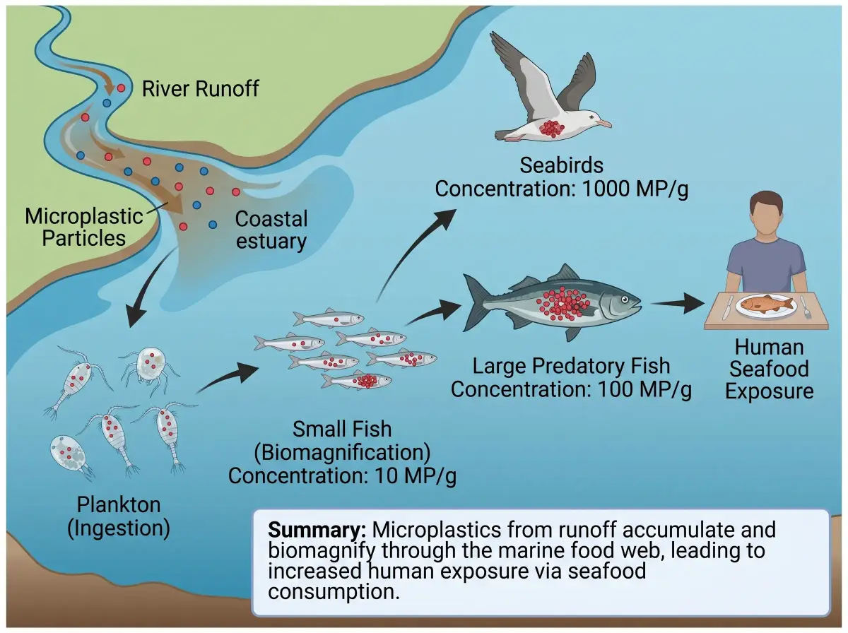 Microplastic biomagnification graphical abstract across a marine food web