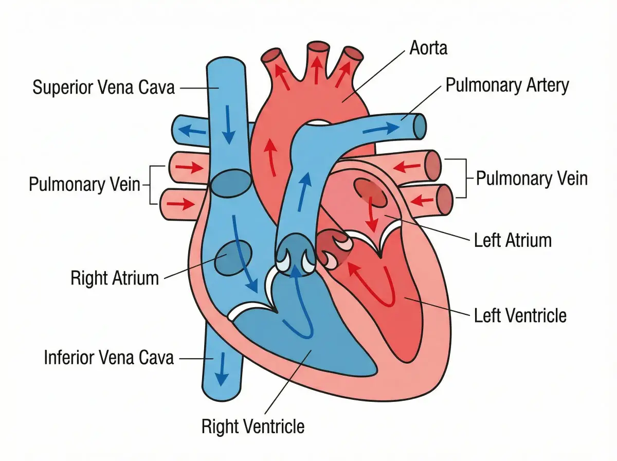 Human heart cross-section with labeled chambers and blood flow