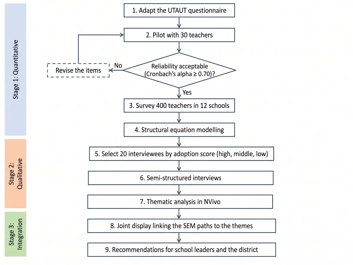 Research flowchart of a sequential explanatory mixed-methods study with a pilot loop