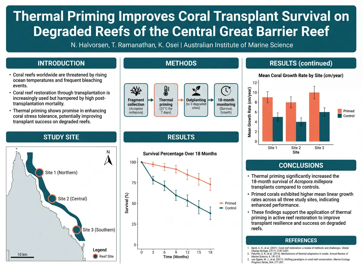 Marine ecology poster with reef site map and 18-month survival curve