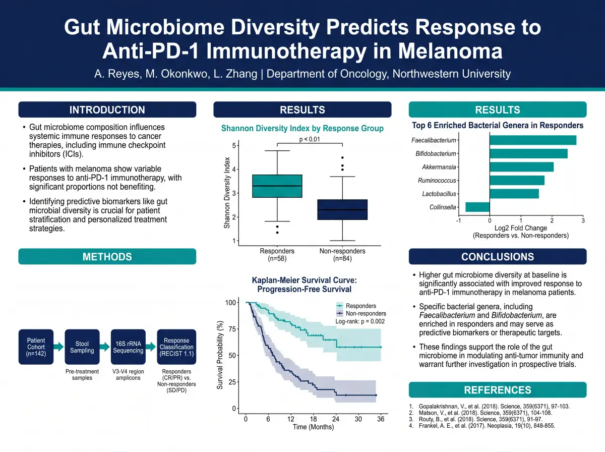 Oncology conference poster on gut microbiome diversity and immunotherapy response