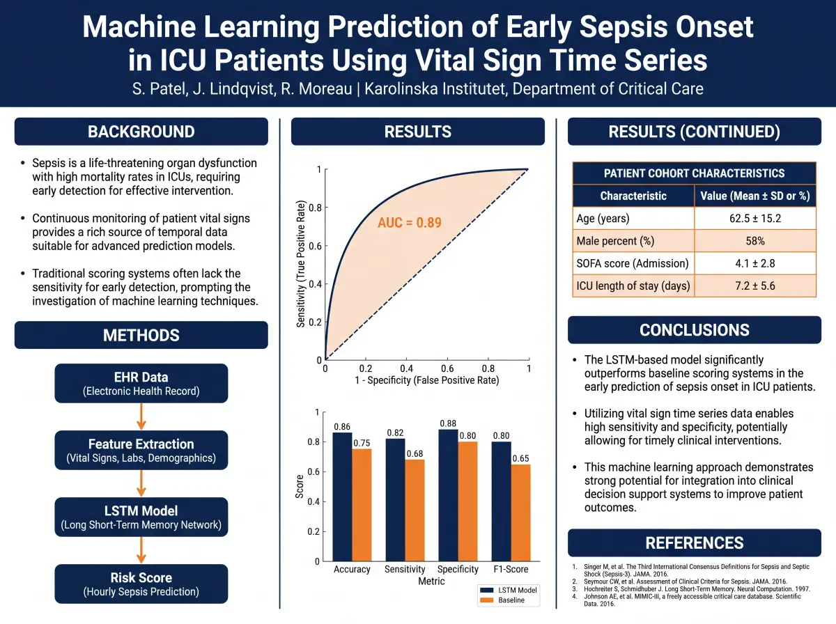 Clinical informatics poster with ROC curve and patient cohort table