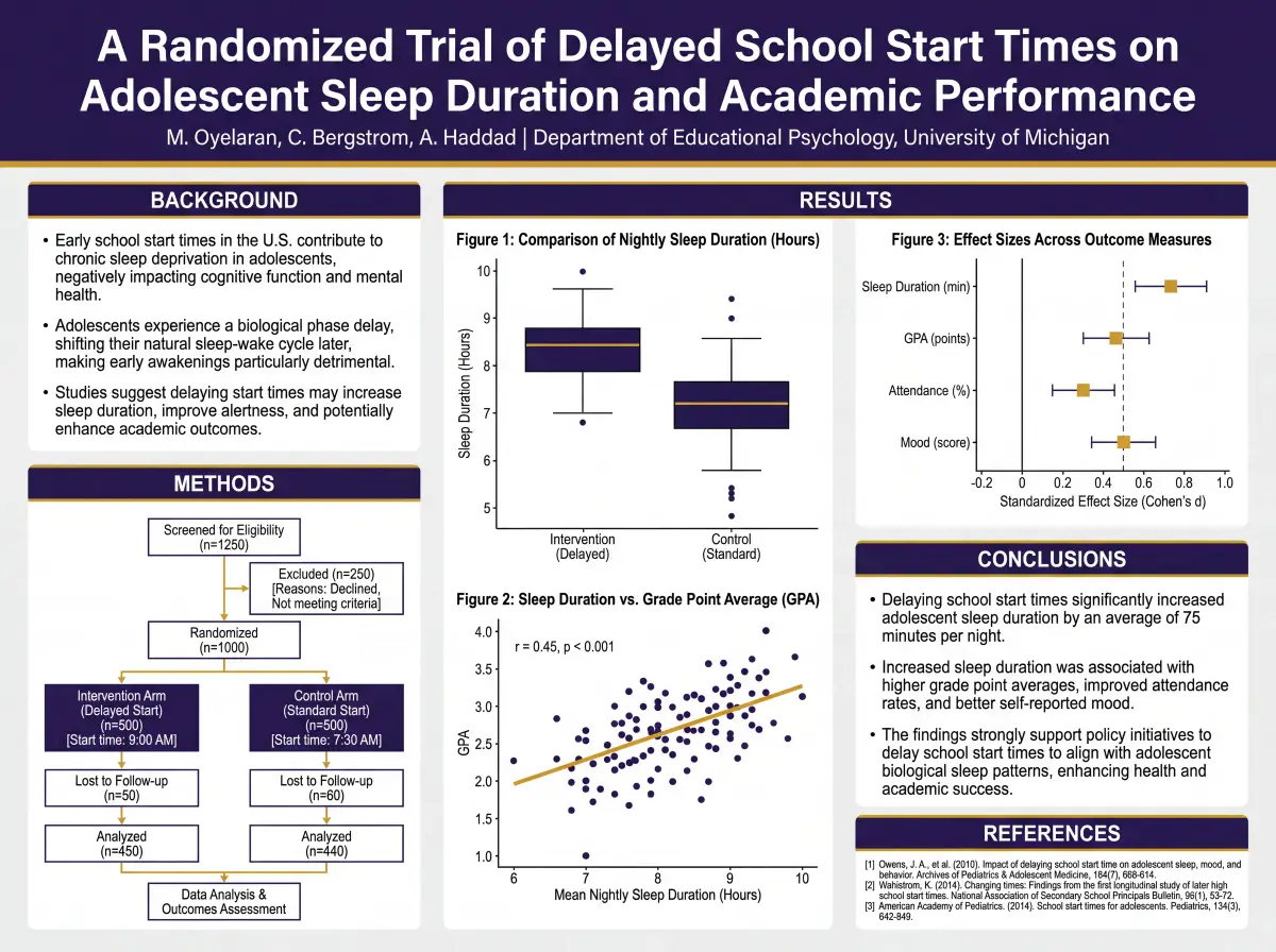 Educational psychology poster with CONSORT flow diagram and forest plot