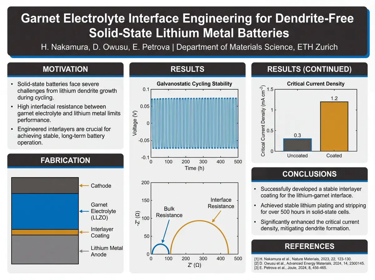 Materials science poster with battery cell cross-section and impedance spectra