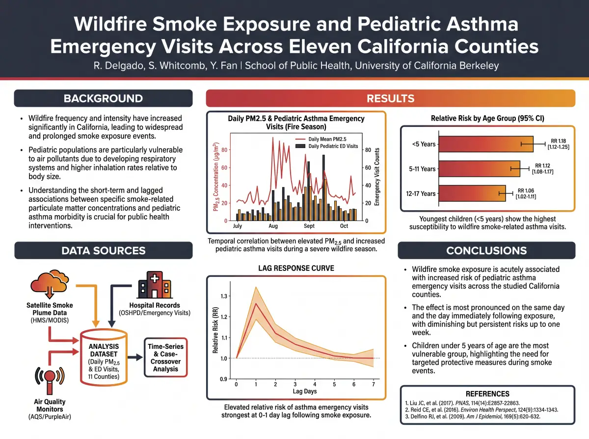 Public health poster on wildfire smoke exposure and pediatric asthma visits