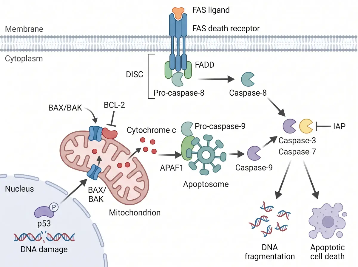 Apoptosis signaling pathway diagram with extrinsic and intrinsic arms converging on caspase-3