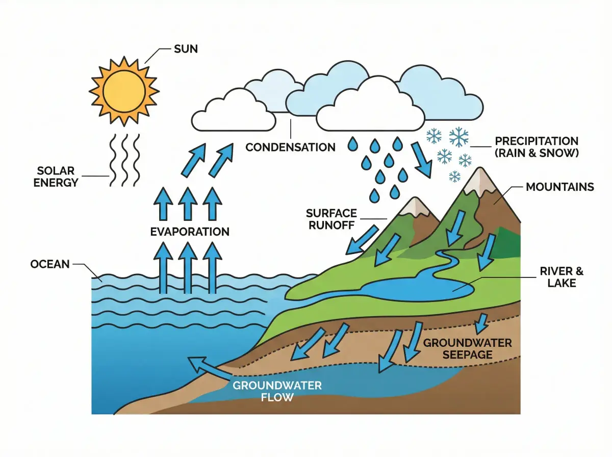 Water cycle diagram with evaporation and precipitation