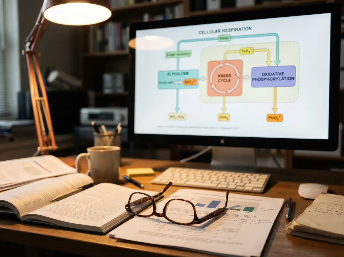 Researcher's desk with a pathway figure on the monitor and a manuscript draft