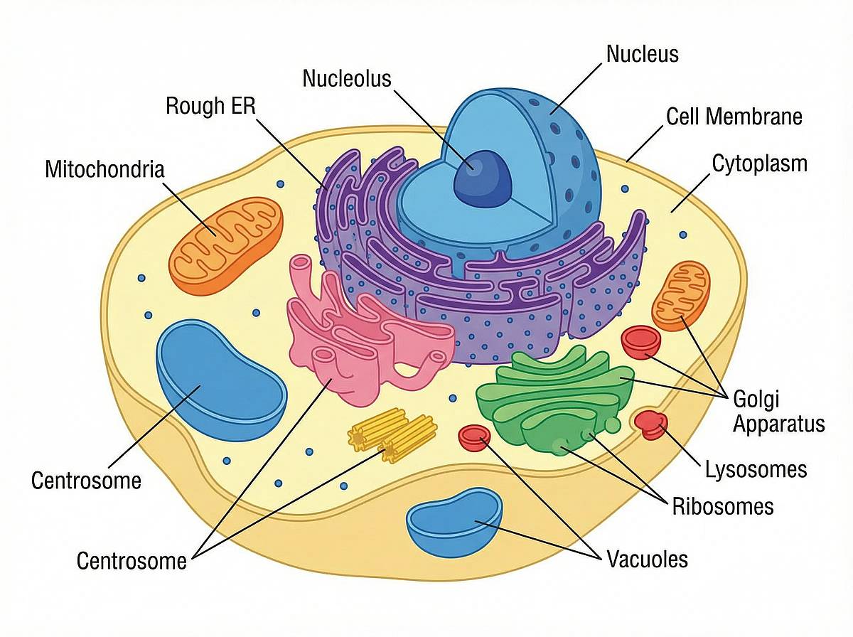 Fully labeled animal cell diagram with all major organelles
