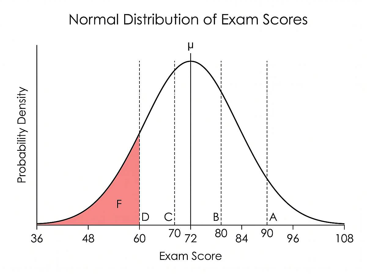 Exam score distribution with letter grade boundaries and failing region shaded