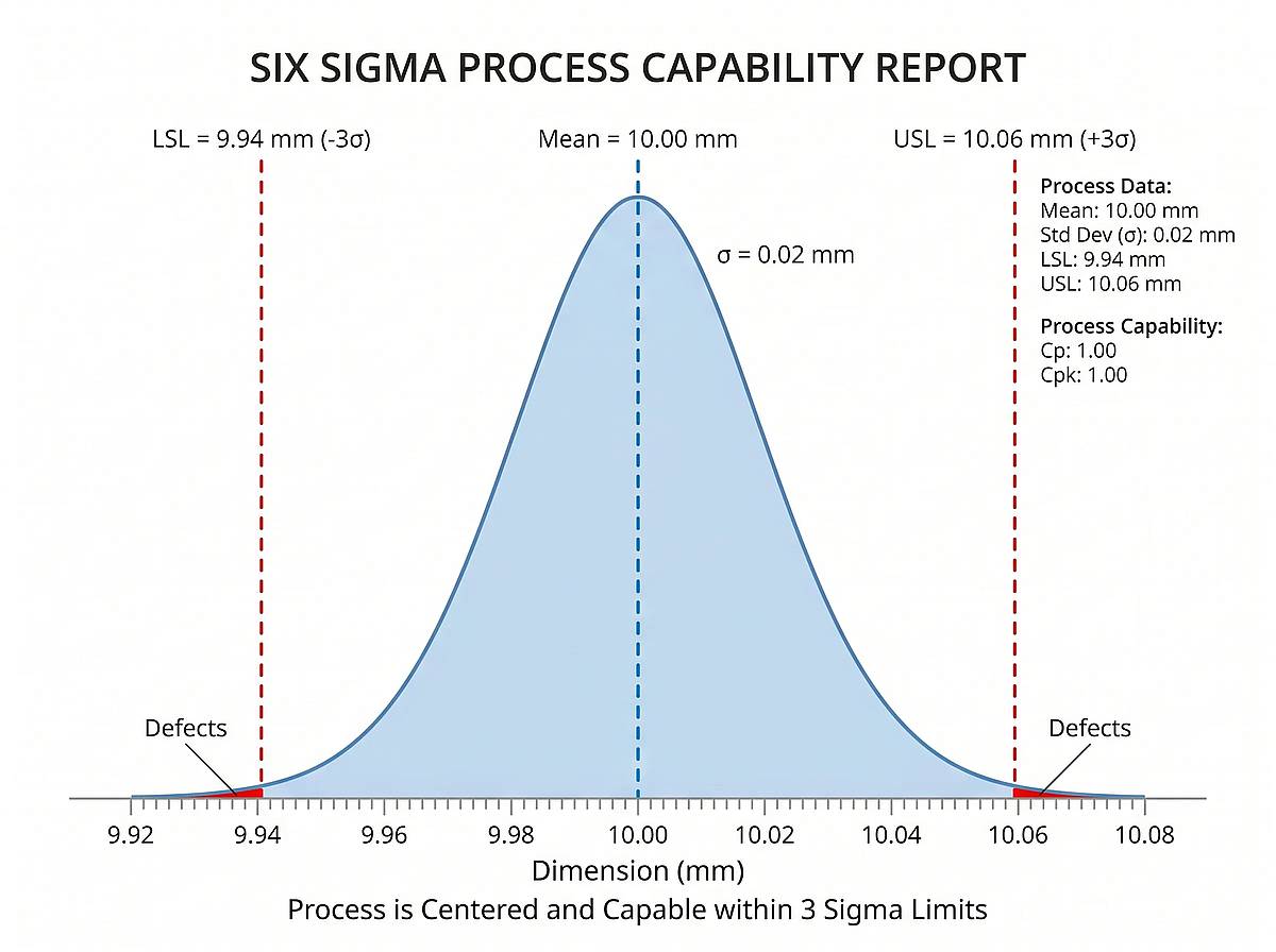 Normal distribution for manufacturing process with Six Sigma specification limits