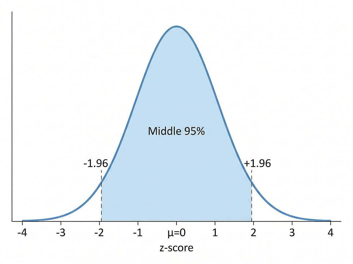 Standard normal distribution curve with mean 0 and 95% confidence region shaded