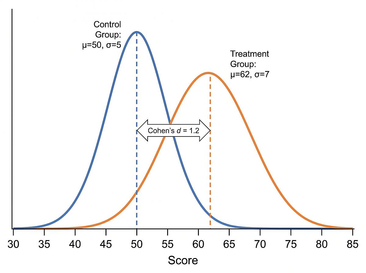 Two overlaid normal distributions comparing control and treatment groups