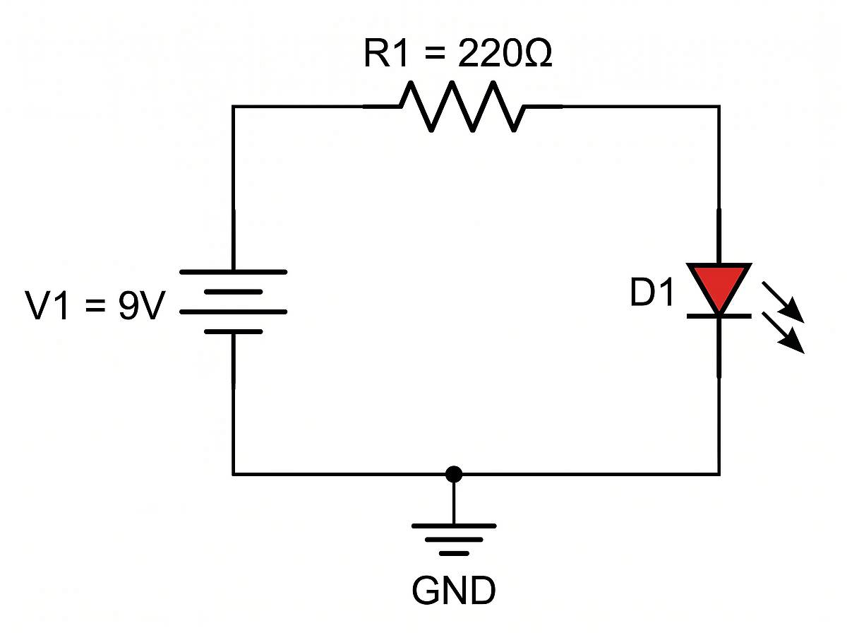 Simple DC circuit schematic with battery, resistor, and LED