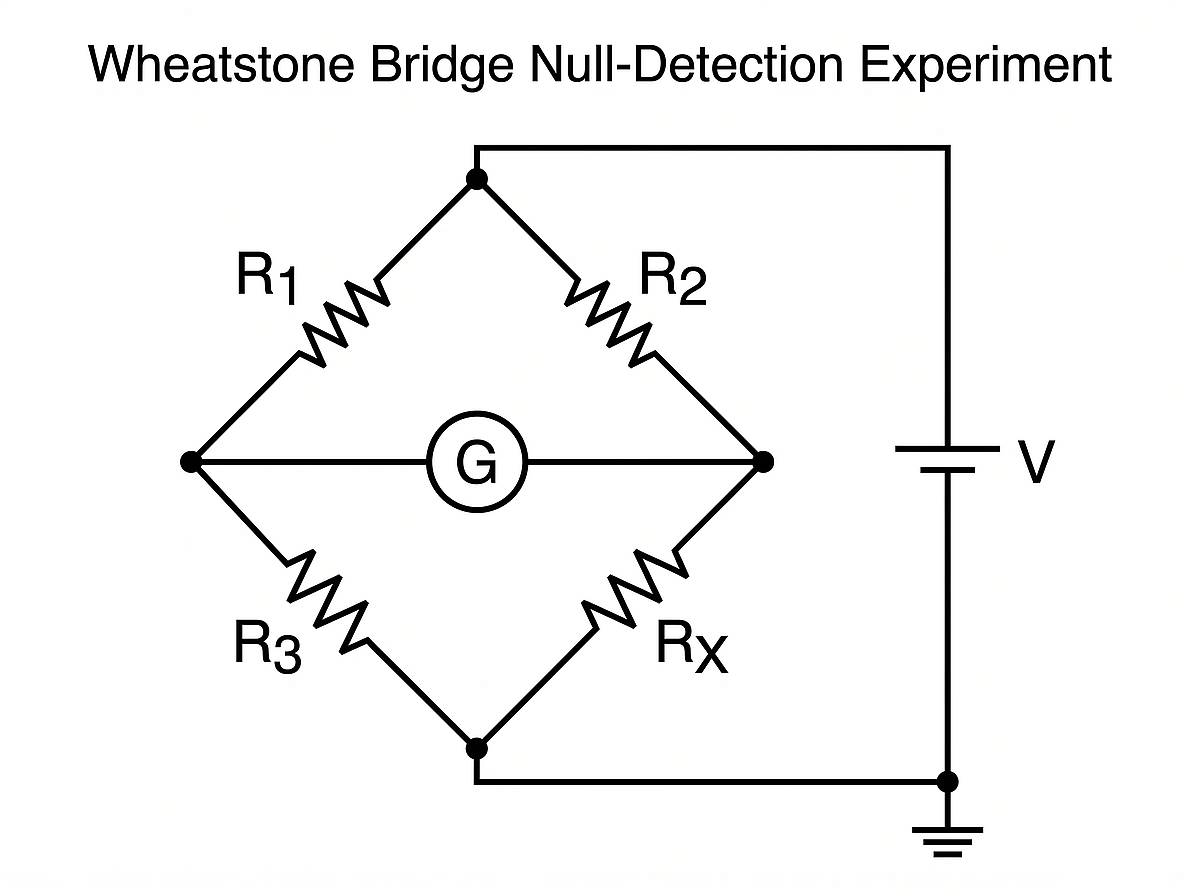 Wheatstone bridge circuit with four resistors and a galvanometer