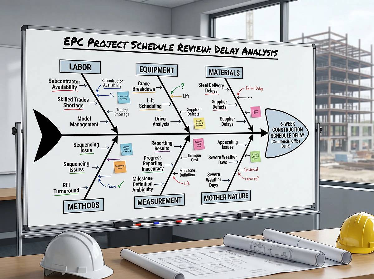 Construction project schedule delay fishbone diagram with labor, equipment, materials, weather branches