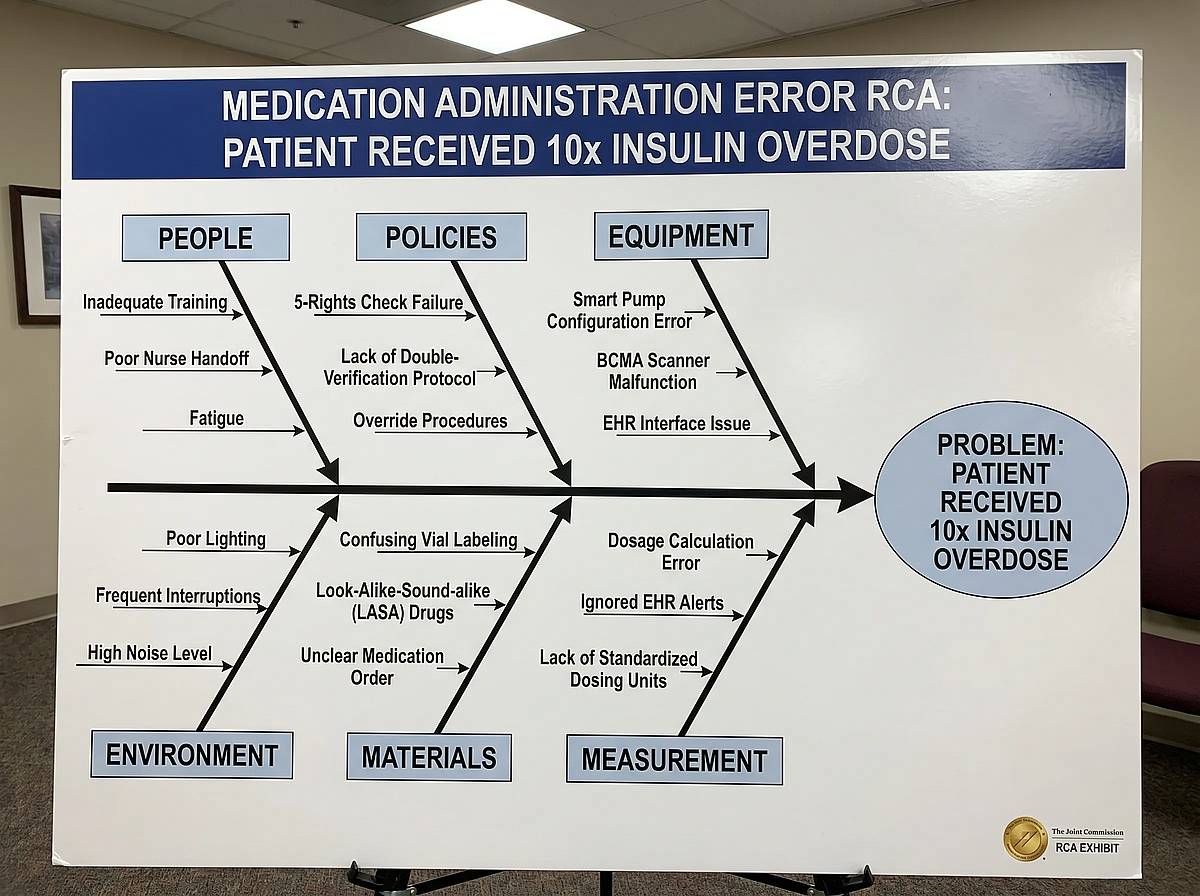 Joint Commission RCA fishbone diagram for a hospital medication administration error