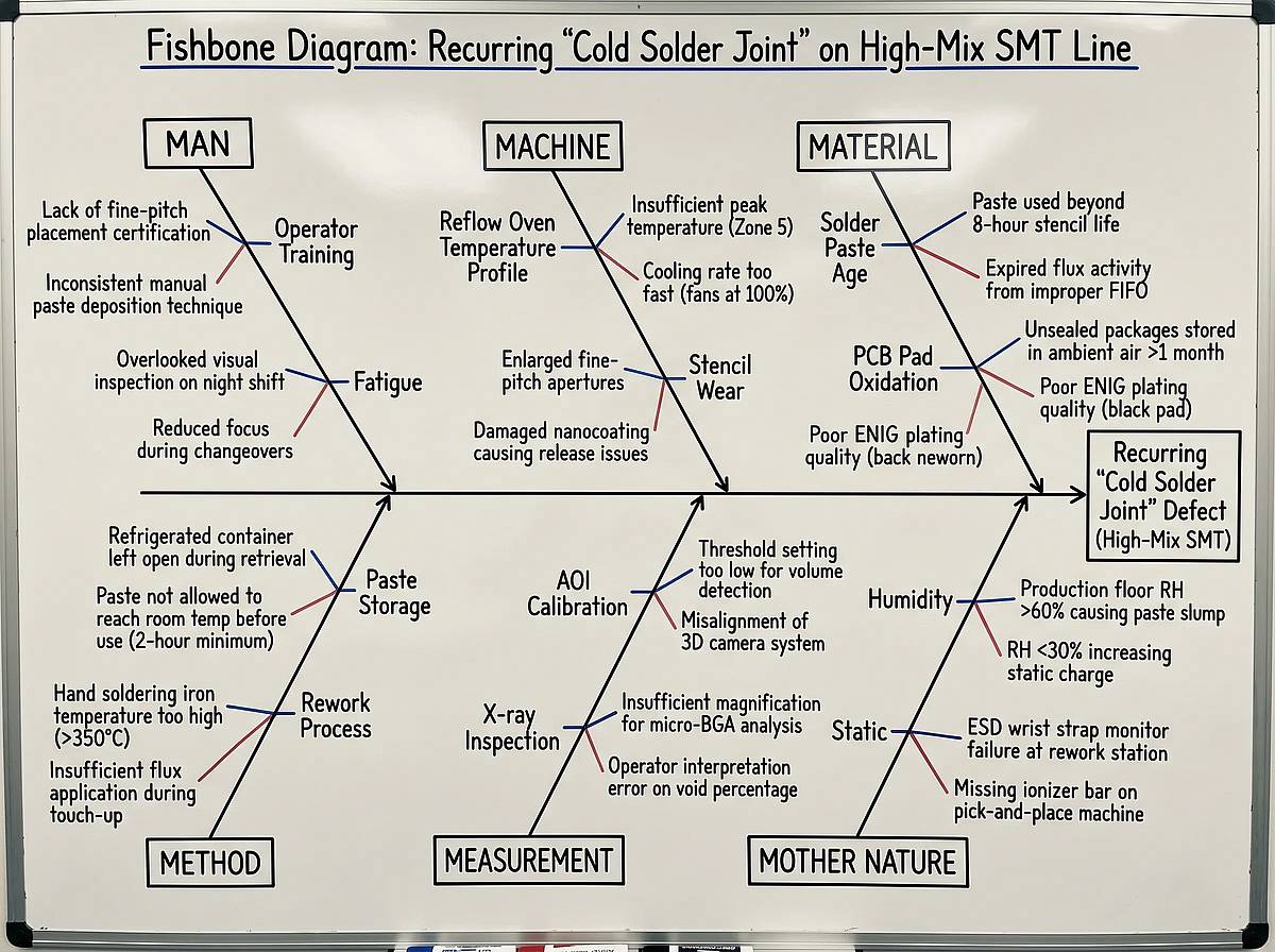 Ishikawa fishbone diagram for a PCB cold-solder defect with 6M categories and end-cause leaves