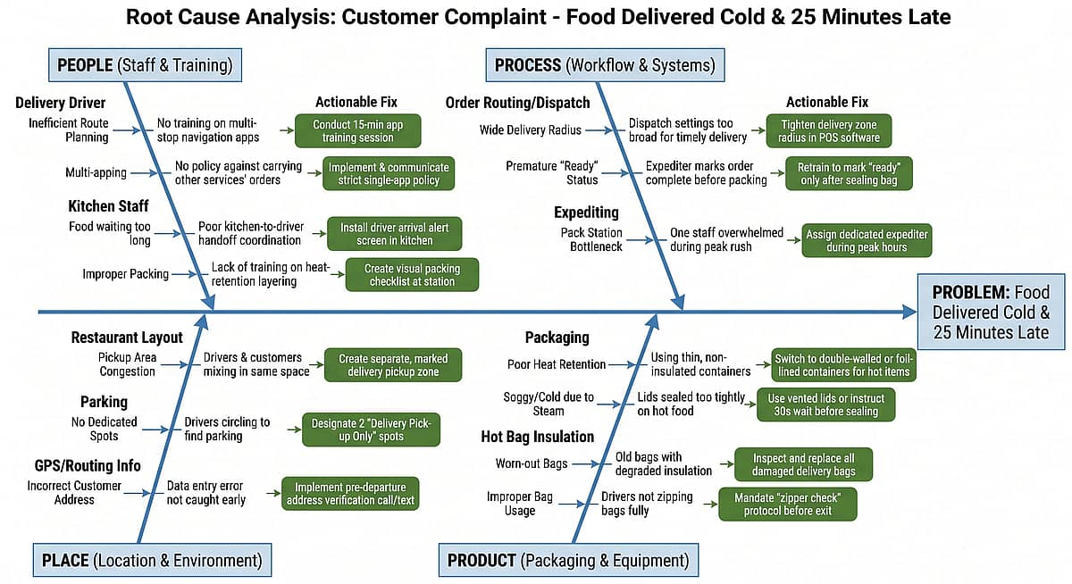 4P service-quality fishbone diagram for a restaurant late delivery complaint