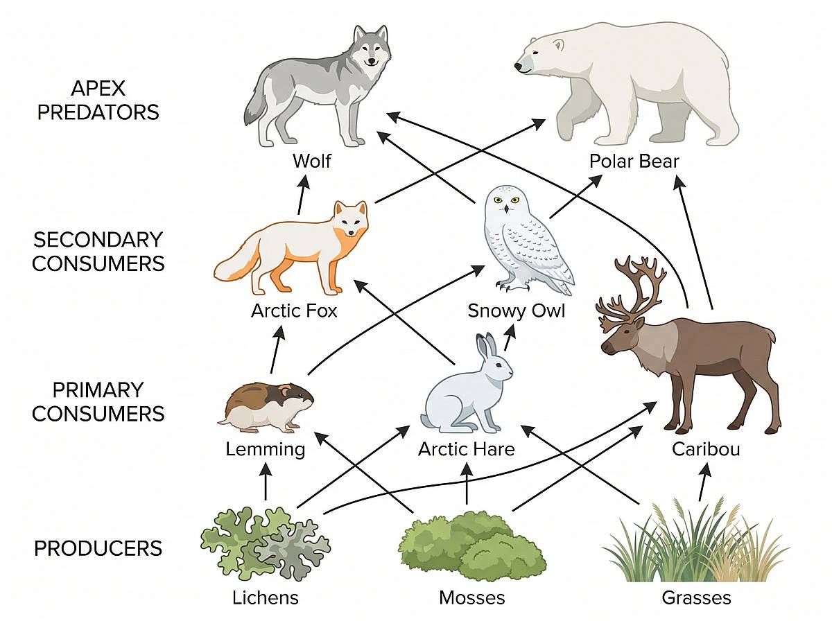 Arctic tundra food web with lichens, caribou, foxes and polar bears