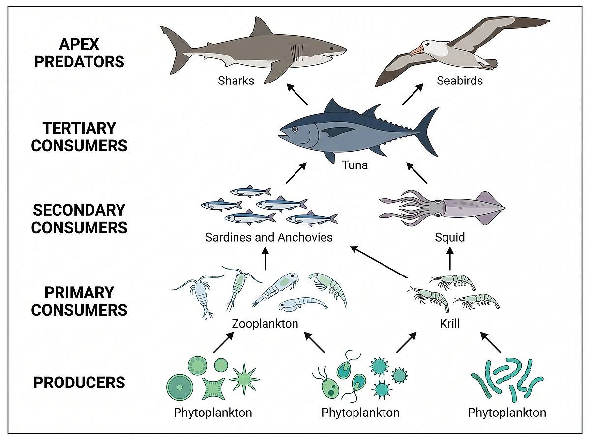 Ocean food web with phytoplankton, fish, sharks and seabirds