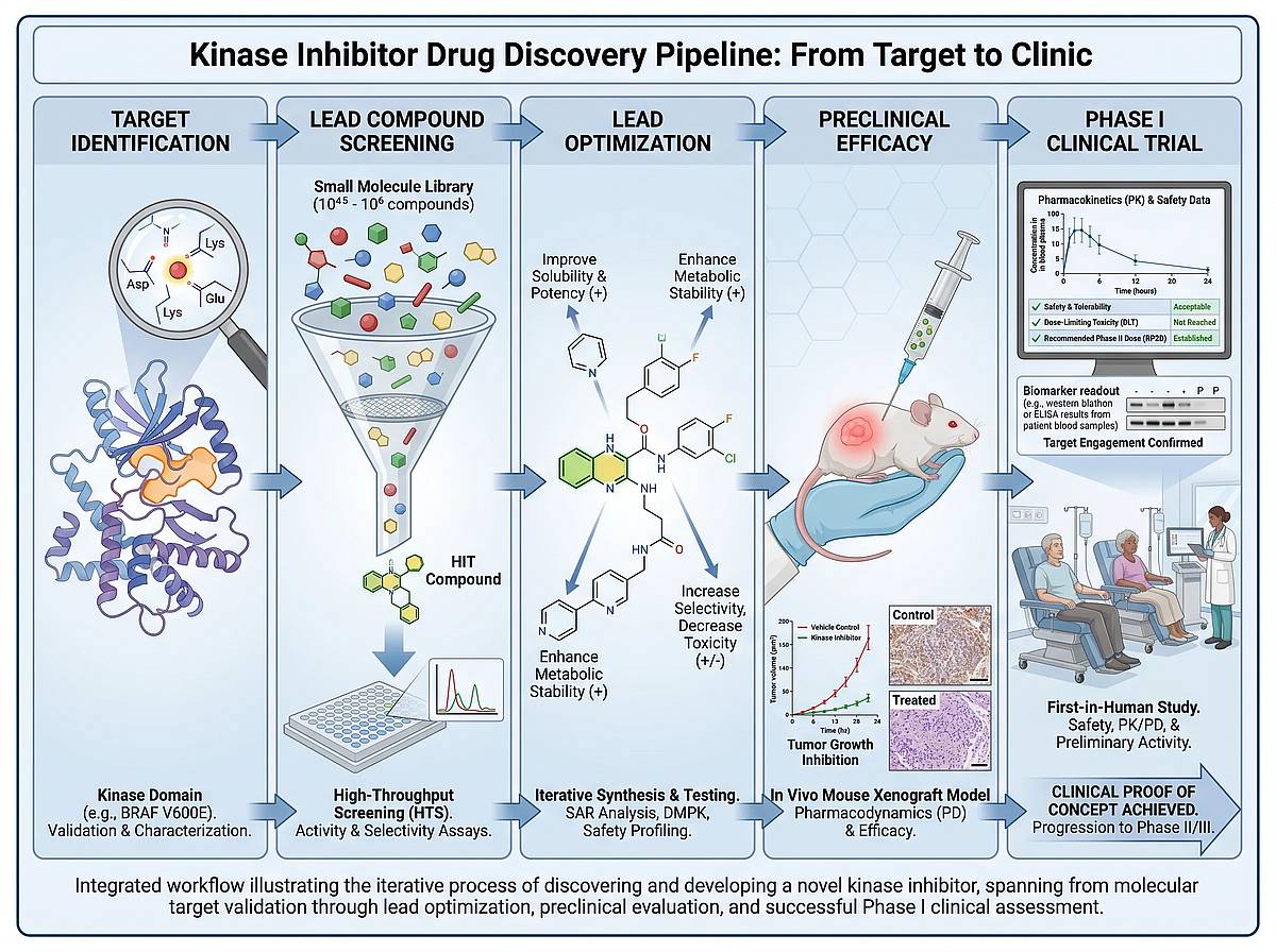 Drug discovery pipeline graphical abstract for a kinase inhibitor