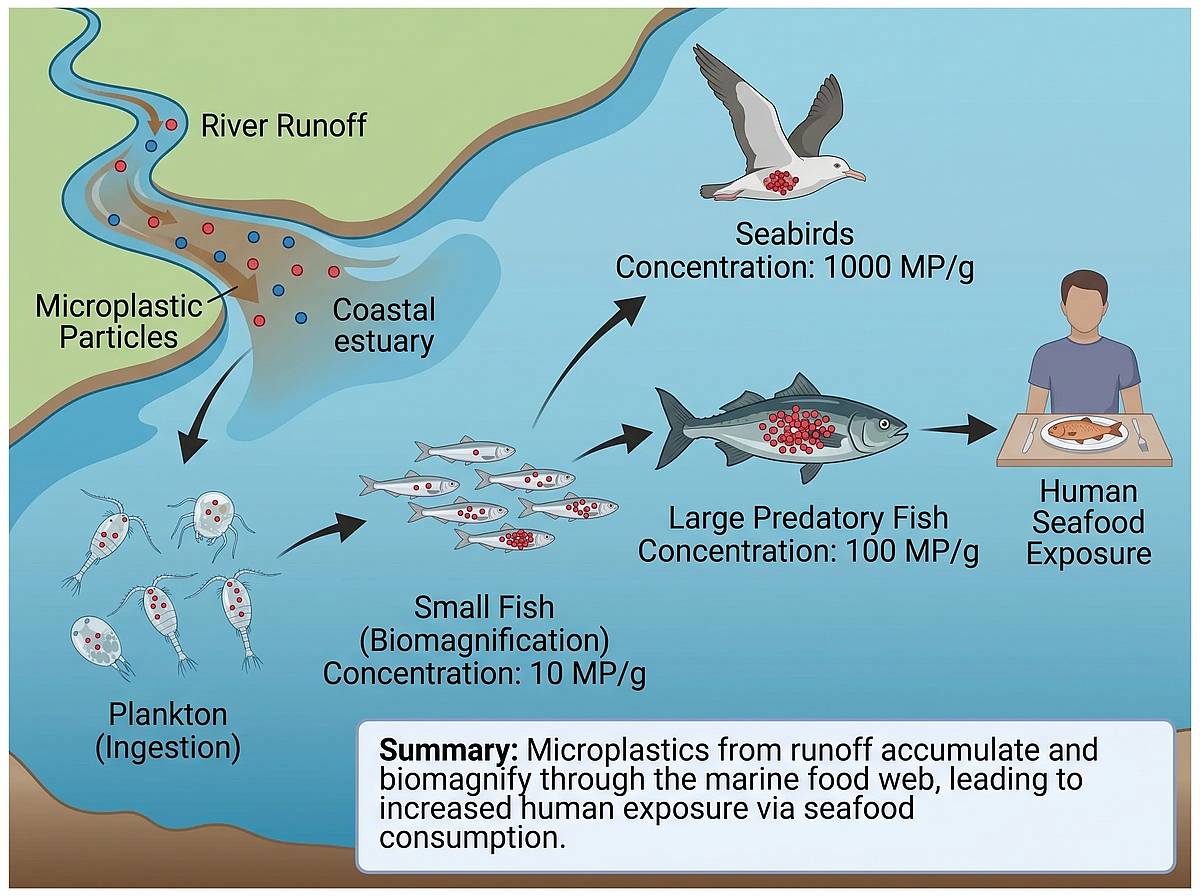 Microplastic biomagnification graphical abstract across a marine food web