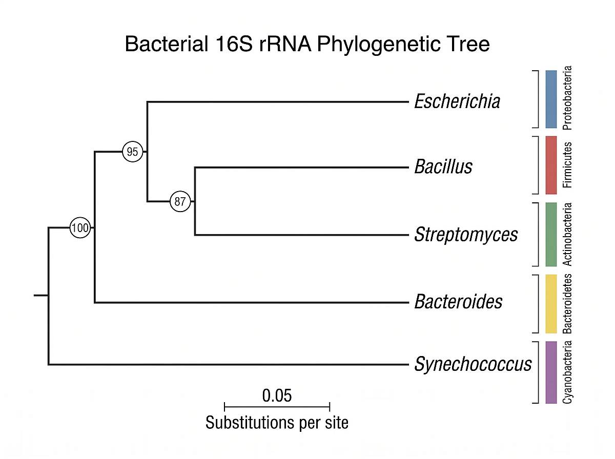 Bacterial 16S rRNA phylogenetic tree of major prokaryotic phyla with bootstrap values