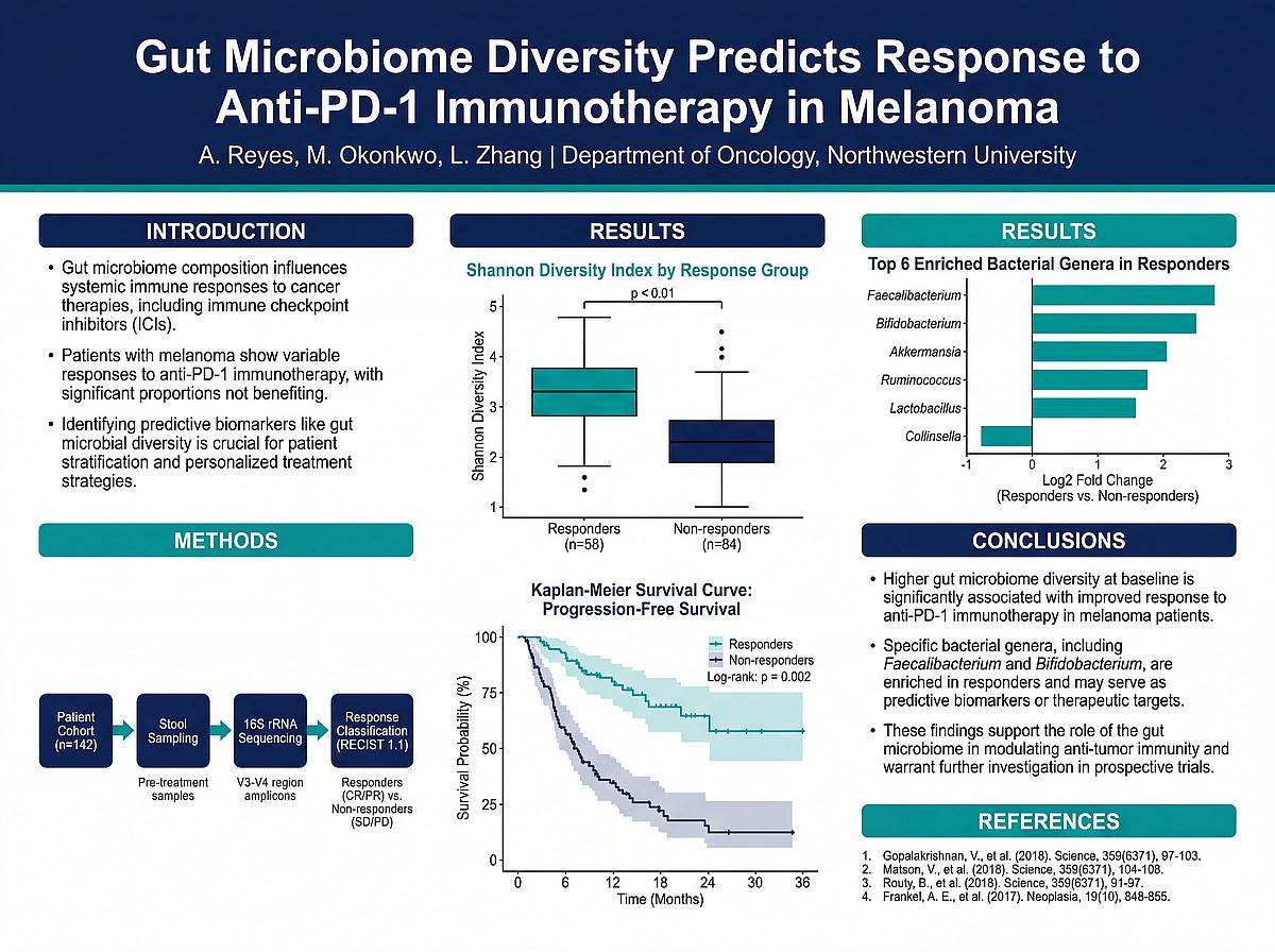 Oncology conference poster on gut microbiome diversity and immunotherapy response