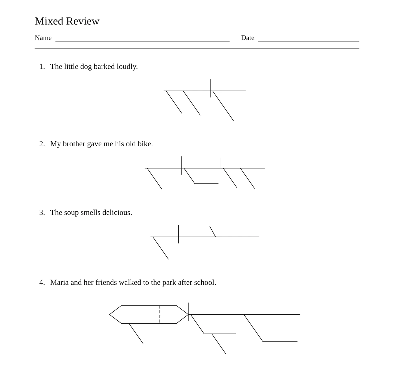 Printable sentence diagramming worksheet "Mixed Review" with four sentences and their blank Reed-Kellogg diagram lines, plus Name and Date lines