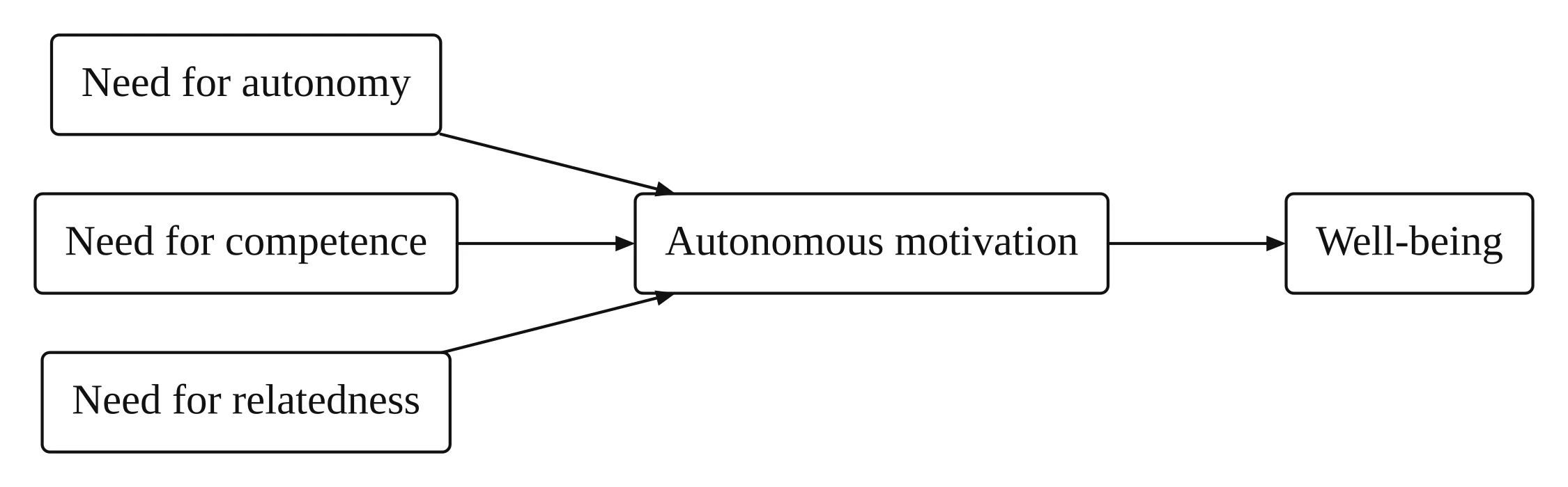 Self-Determination Theory framework, simplified: needs for autonomy, competence and relatedness lead to autonomous motivation, which leads to well-being