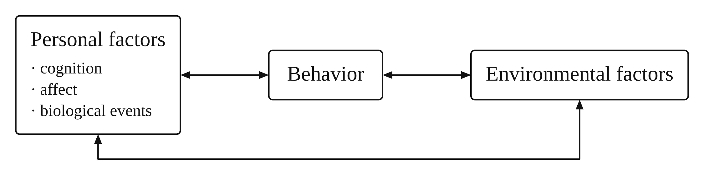 Social Cognitive Theory framework: personal factors, behavior and environmental factors joined by three double-headed arrows