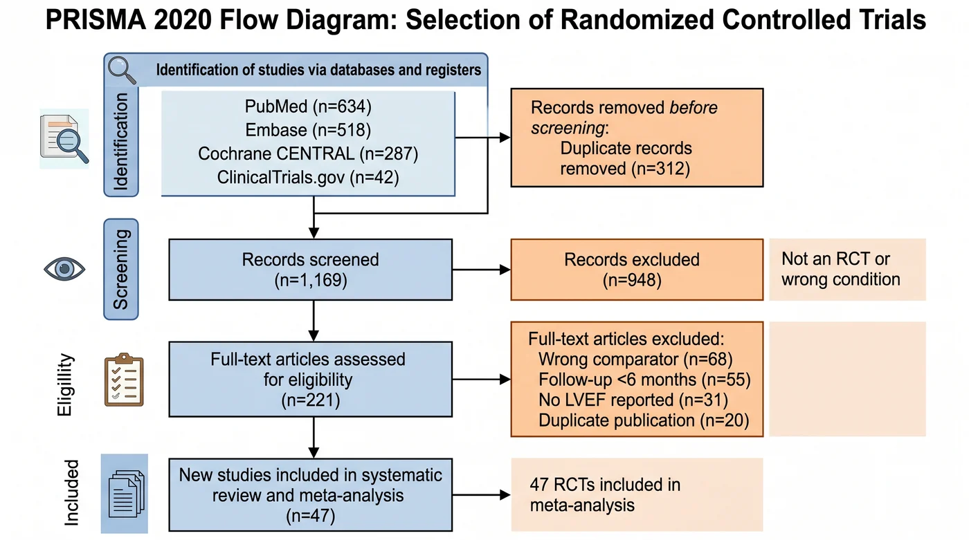 SciDraw AI's published PRISMA example titled PRISMA 2020 Flow Diagram: four databases, 312 duplicates removed, 1,169 records screened, 948 excluded, 221 full-text articles assessed under a stage labeled Eligillity, 47 studies included