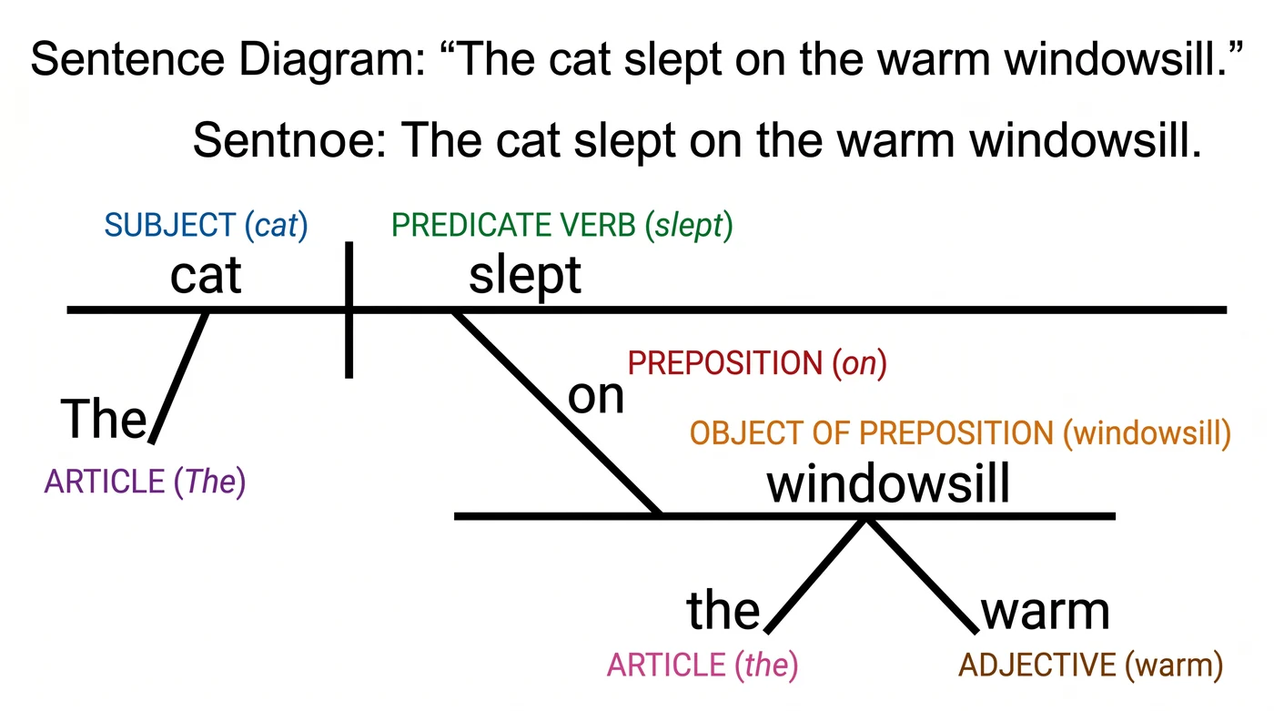 SciDraw AI's published sentence diagram example for The cat slept on the warm windowsill, with colored part-of-speech labels and a second heading line reading Sentnoe